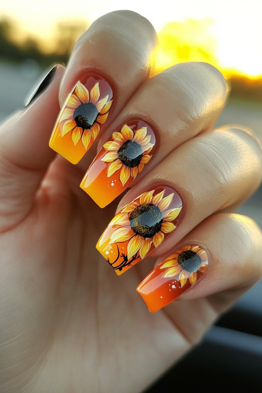 27. Sunflower Gradient Fade (Sunflower Nail Design Ideas) - Sunflower Nail Design Ideas