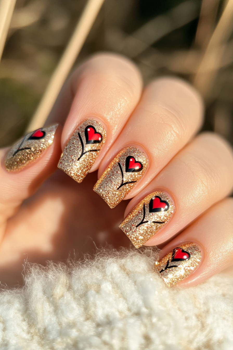 9. Golden Heartbeats (Valentine'S Day Nail Design Ideas) - Valentine'S Day Nail Design Ideas