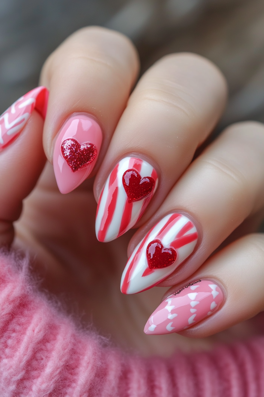 26. Candy Stripe Hearts (Valentine'S Day Nail Design Ideas) - Valentine'S Day Nail Design Ideas