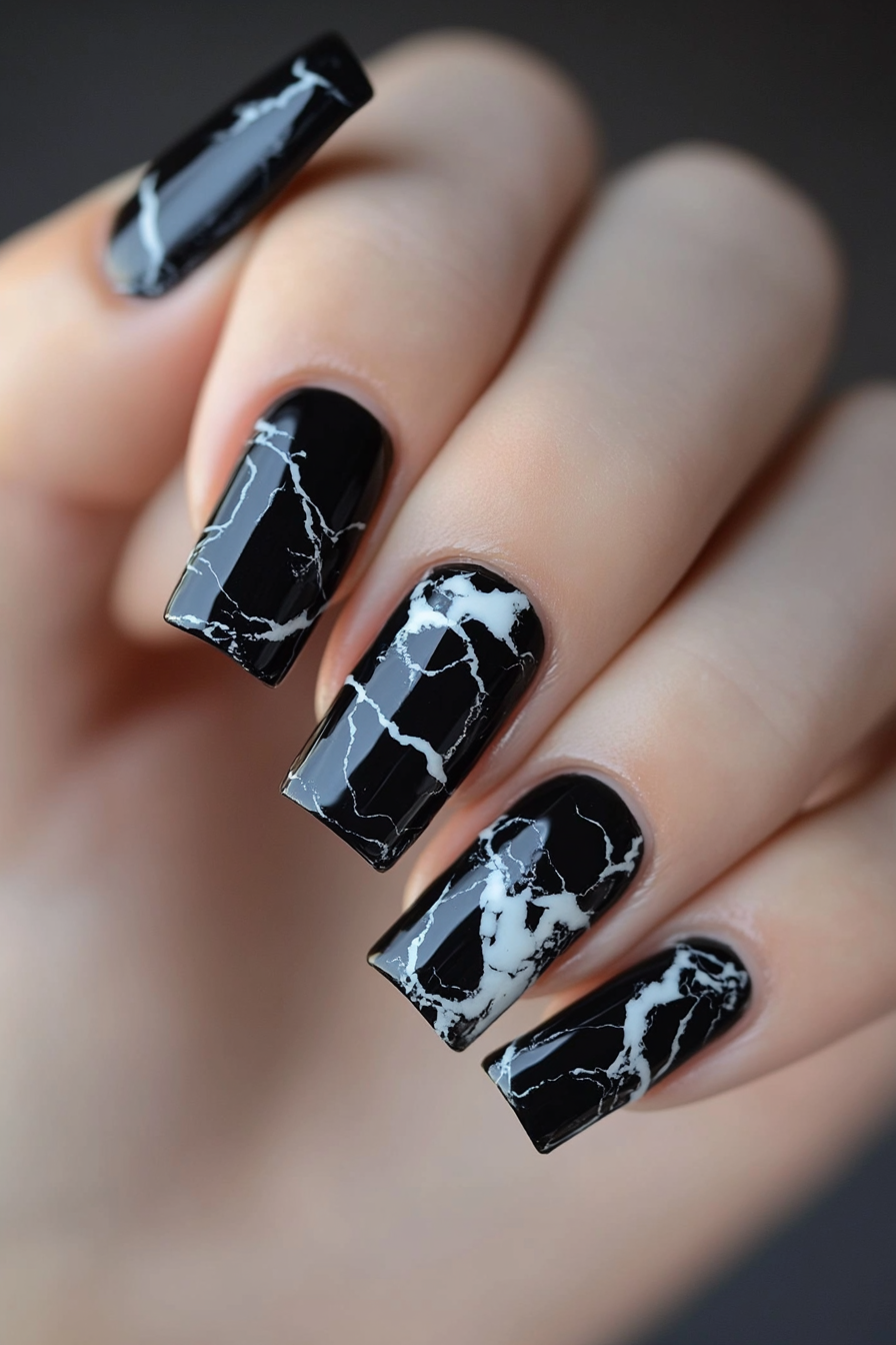 6. Black Marble Veins (Classy Black Nail Design Ideas) - Classy Black Nail Design Ideas