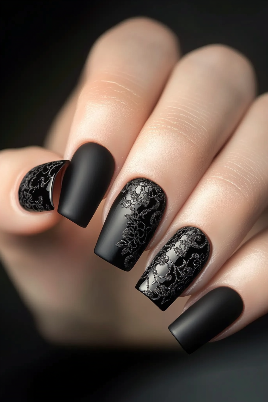 9. Black Lace Overlay (Classy Black Nail Design Ideas) - Classy Black Nail Design Ideas