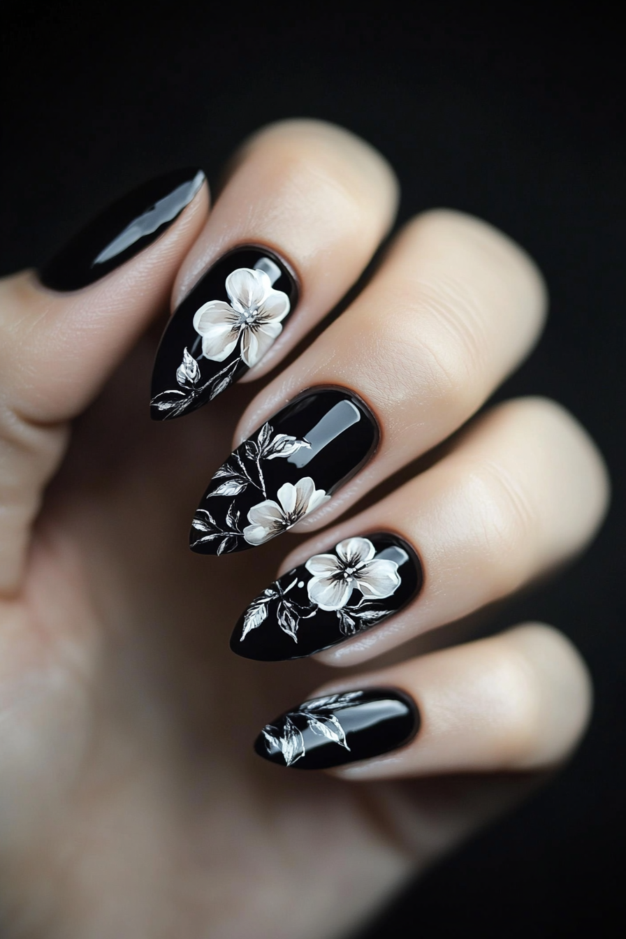 11. Midnight Floral Blooms (Classy Black Nail Design Ideas) - Classy Black Nail Design Ideas