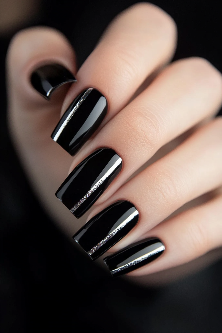 14. Glossy Black with Silver Stripe (Classy Black Nail Design Ideas) - Classy Black Nail Design Ideas