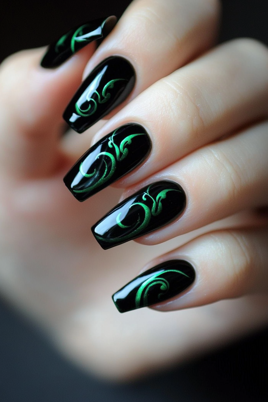 15. Black and Emerald Fusion (Classy Black Nail Design Ideas) - Classy Black Nail Design Ideas