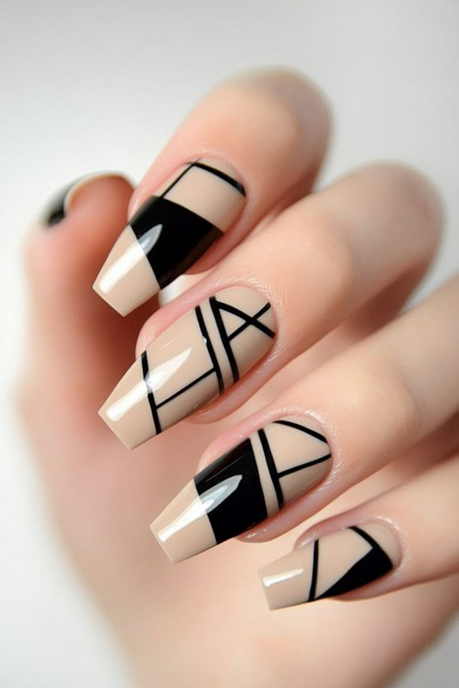 17. Geometric Black Accents (Classy Black Nail Design Ideas) - Classy Black Nail Design Ideas