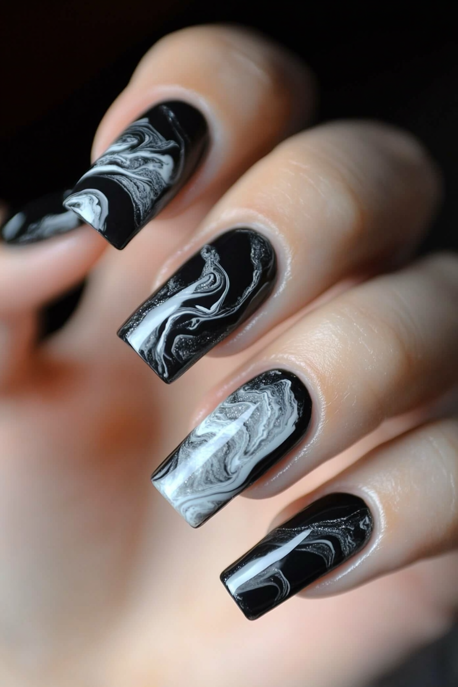 18. Moonlit Marble Fade (Classy Black Nail Design Ideas) - Classy Black Nail Design Ideas