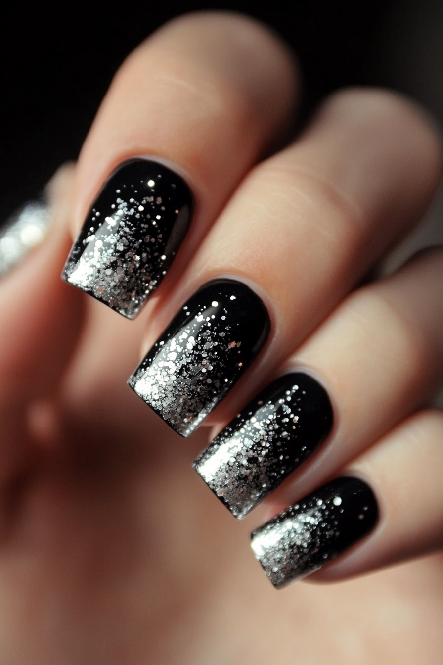 19. Silver Speckled Black (Classy Black Nail Design Ideas) - Classy Black Nail Design Ideas