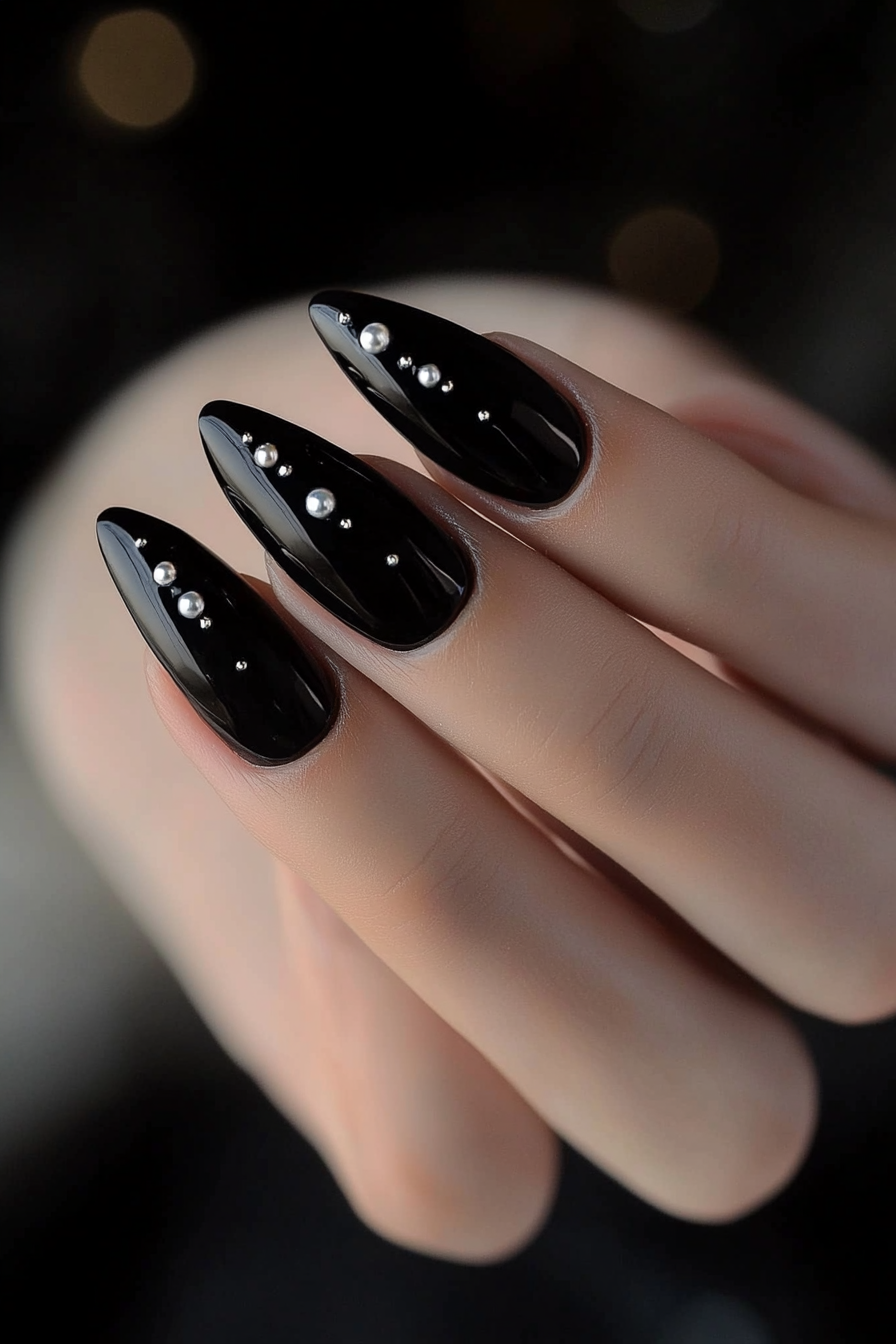 20. Black with Pearl Details (Classy Black Nail Design Ideas) - Classy Black Nail Design Ideas