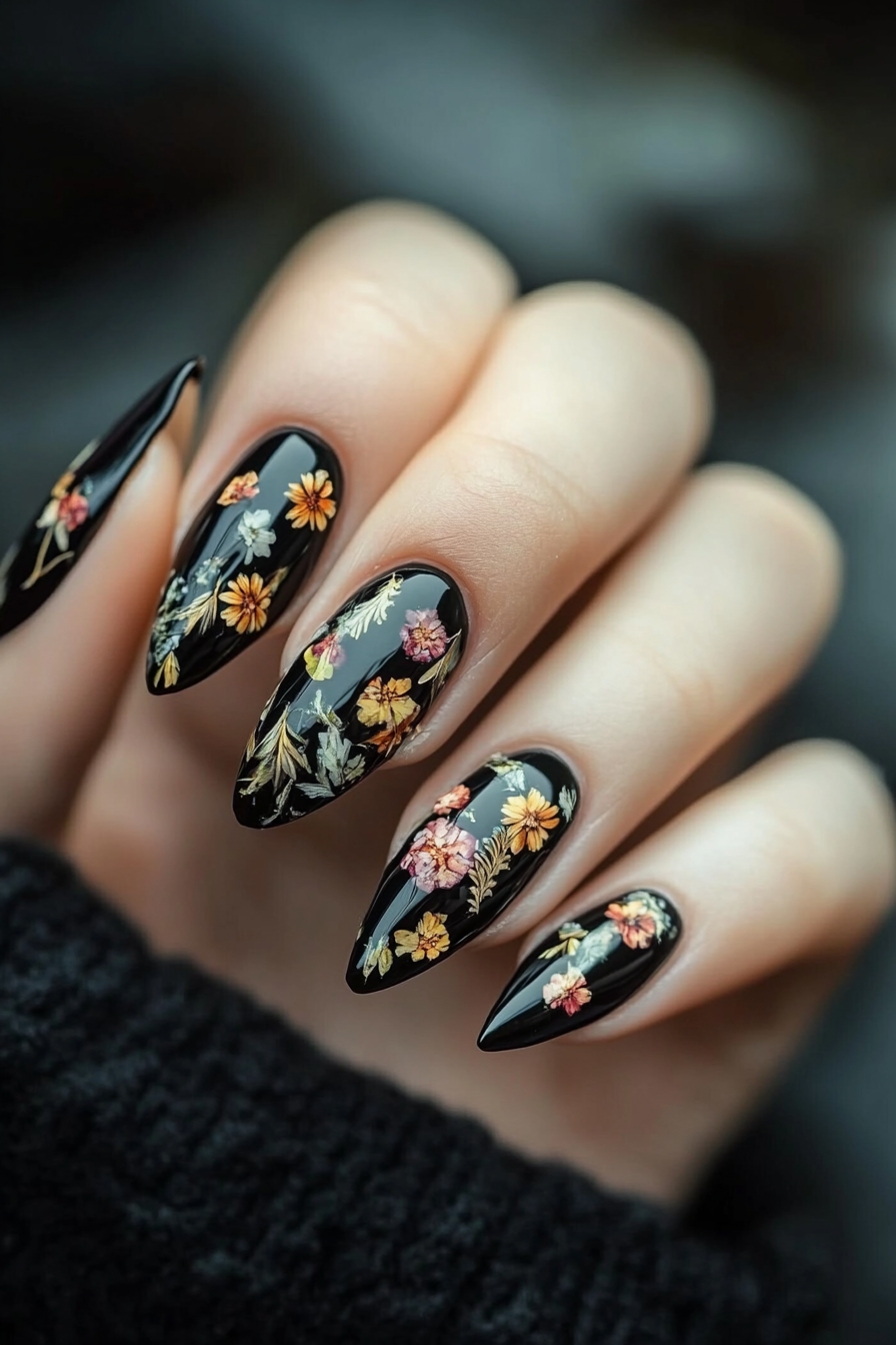 22. Pressed Flower Over Black (Classy Black Nail Design Ideas) - Classy Black Nail Design Ideas