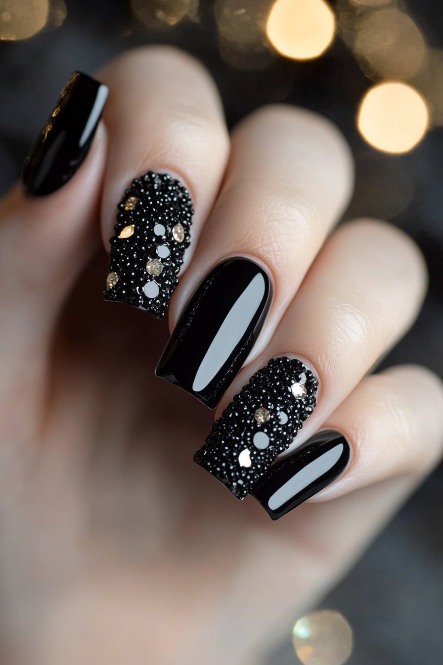 23. Caviar Beaded Black (Classy Black Nail Design Ideas) - Classy Black Nail Design Ideas