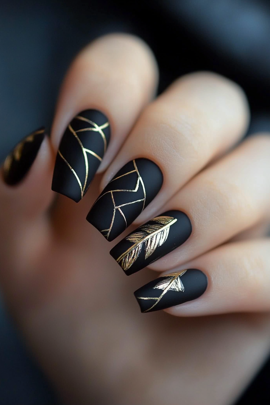 24. Matte Black with Gold Geometrics (Classy Black Nail Design Ideas) - Classy Black Nail Design Ideas