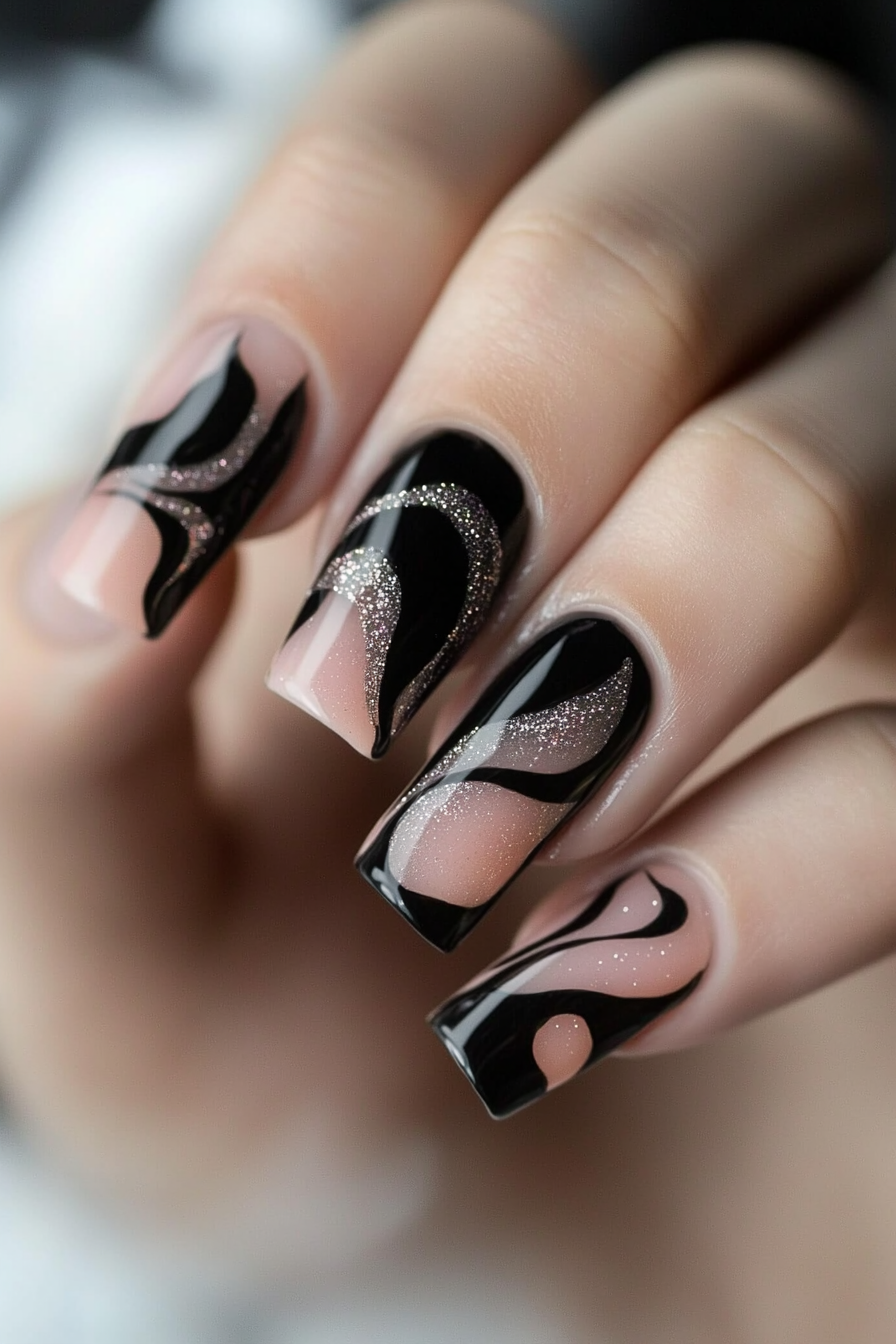 25. Black and Rose Quartz (Classy Black Nail Design Ideas) - Classy Black Nail Design Ideas
