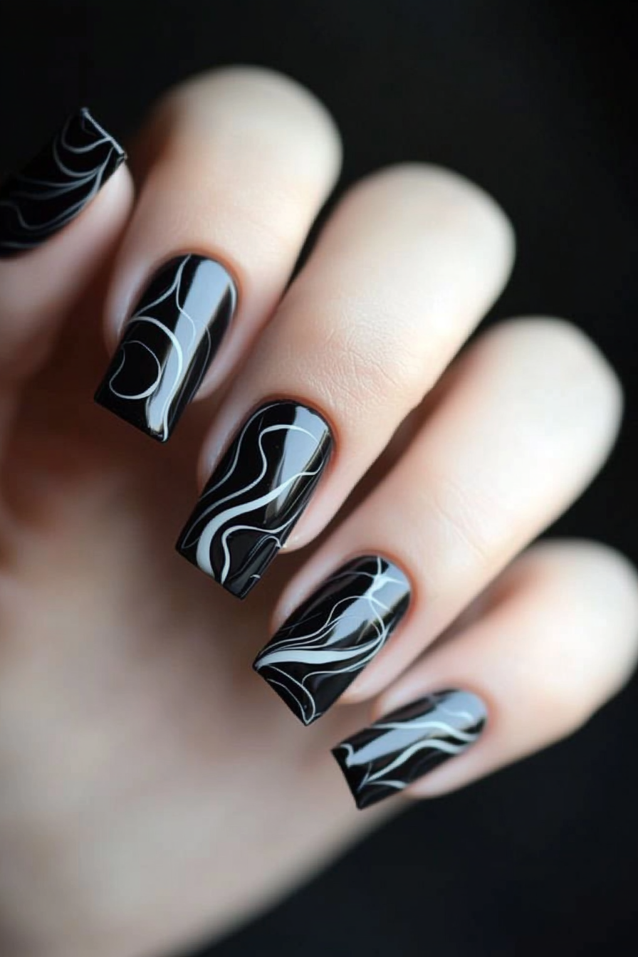 27. Inky Abstract Waves (Classy Black Nail Design Ideas) - Classy Black Nail Design Ideas
