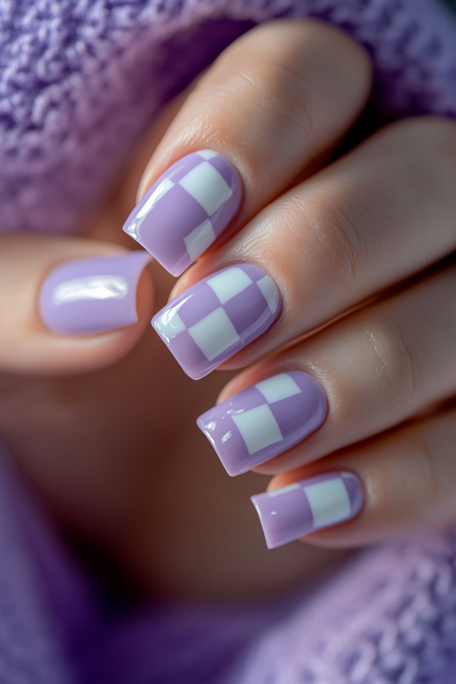 22. Lilac Checkers (Cute And Easy Nail Design Ideas) - Cute And Easy Nail Design Ideas