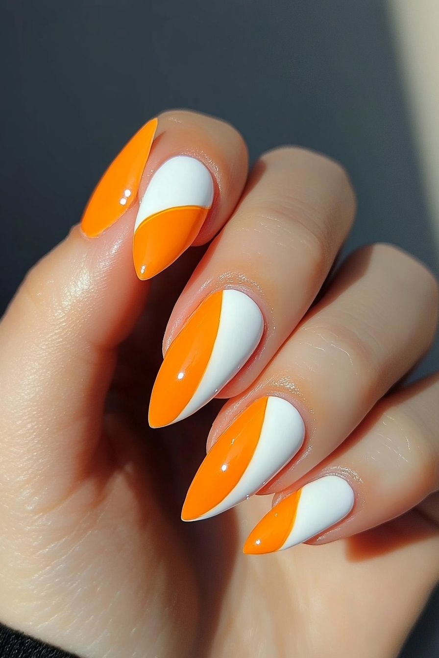 12. Tangerine Diagonals (Easy Short Nail Design Ideas) - Easy Short Nail Design Ideas