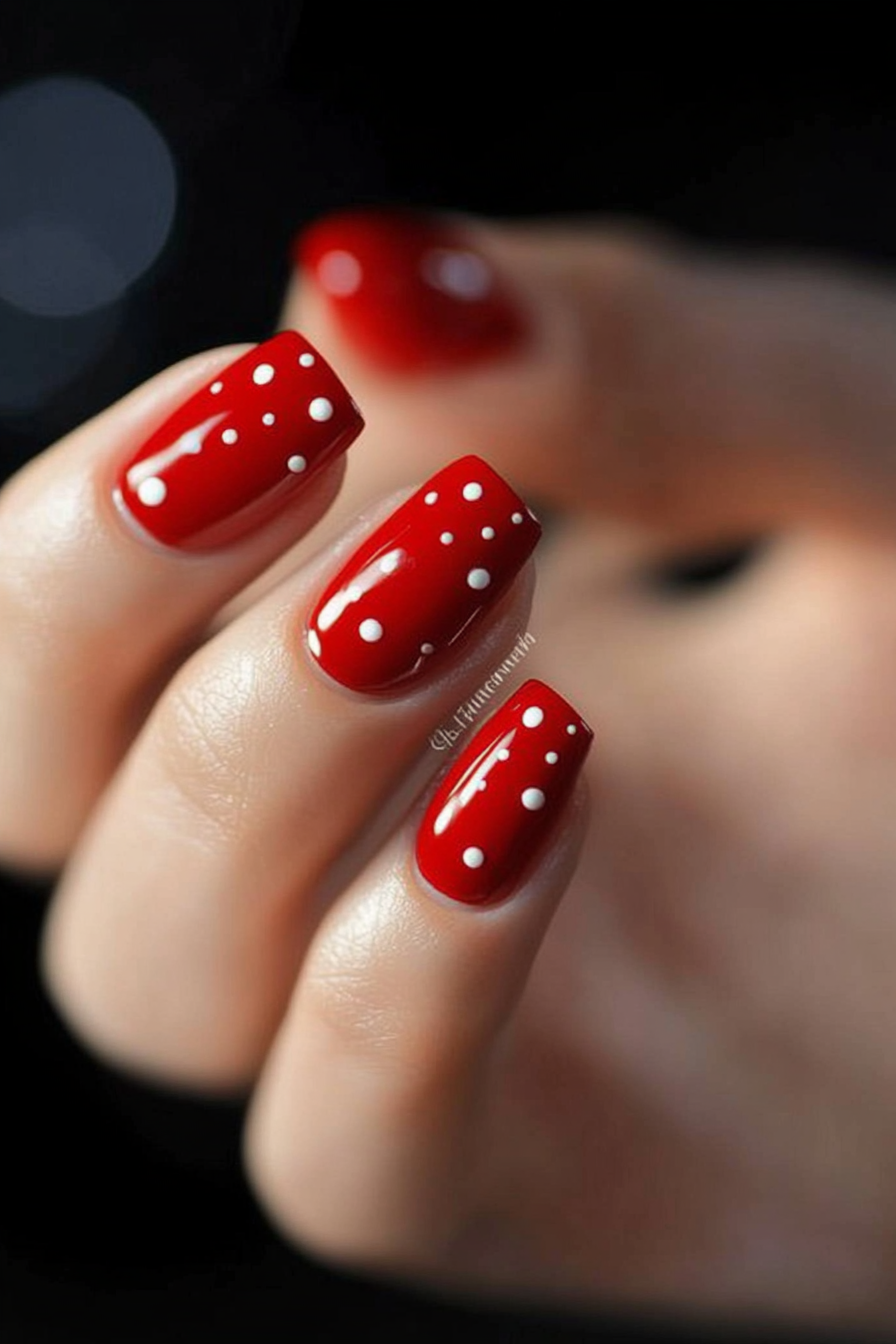 24. Classic Red with Dot Detail (Easy Short Nail Design Ideas) - Easy Short Nail Design Ideas