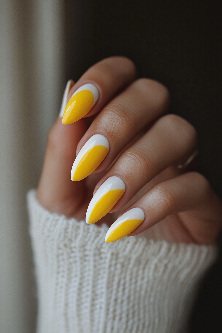 26. Saffron Blocked Tips (Easy Short Nail Design Ideas) - Easy Short Nail Design Ideas
