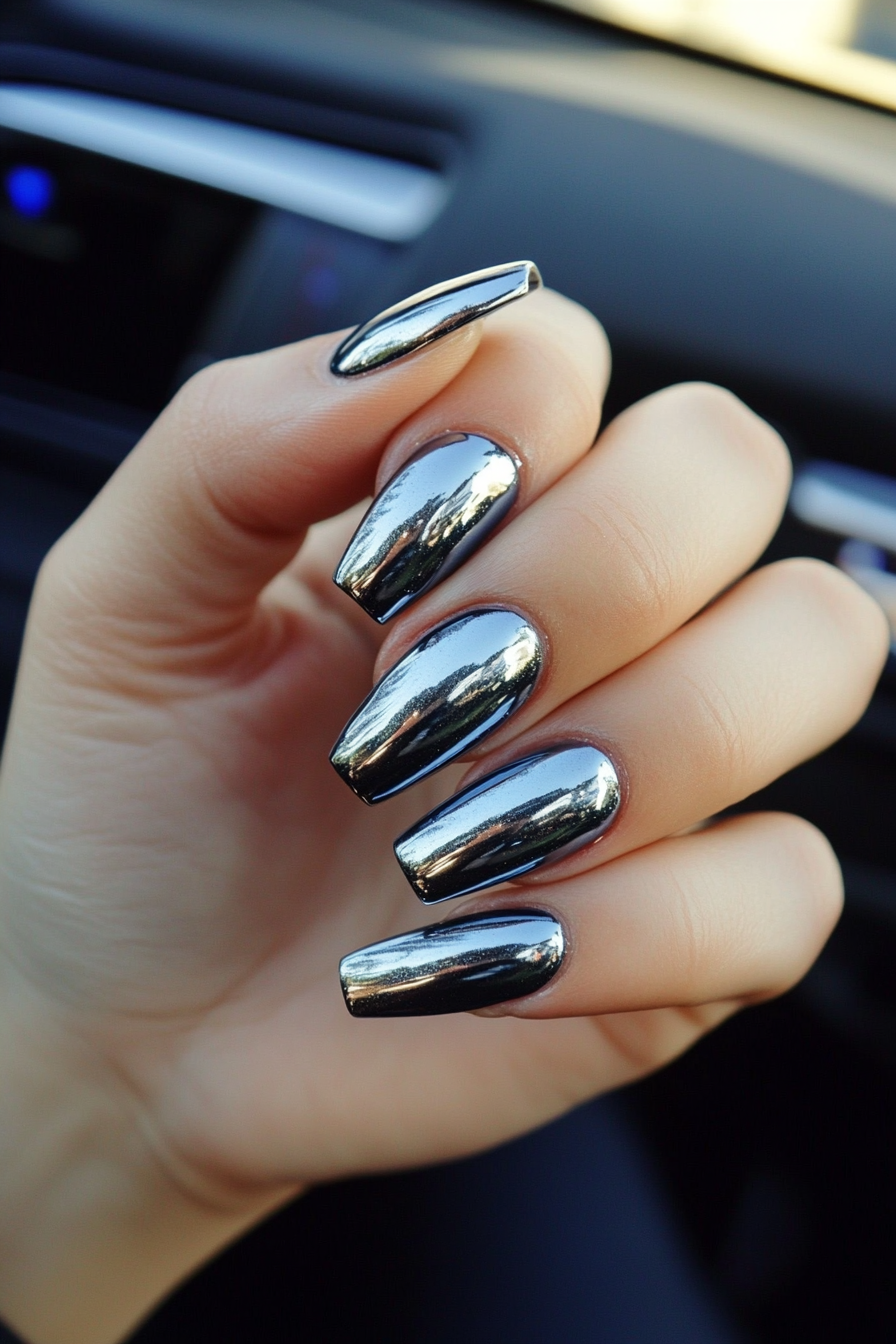 2. Charcoal Chrome Shine (Gray Nail Design Ideas) - Gray Nail Design Ideas