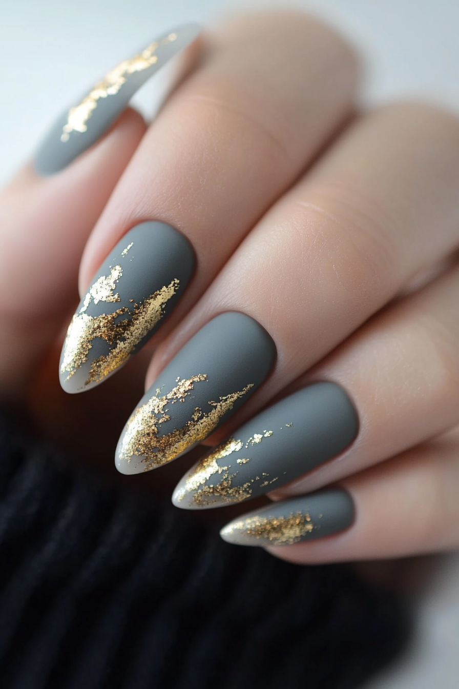 4. Matte Ash with Gold Flakes (Gray Nail Design Ideas) - Gray Nail Design Ideas