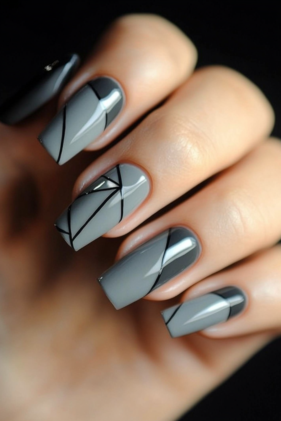 6. Steel Gray Geometric Accents (Gray Nail Design Ideas) - Gray Nail Design Ideas