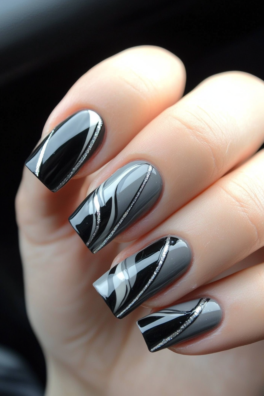12. Silver Lined Charcoal Tips (Gray Nail Design Ideas) - Gray Nail Design Ideas