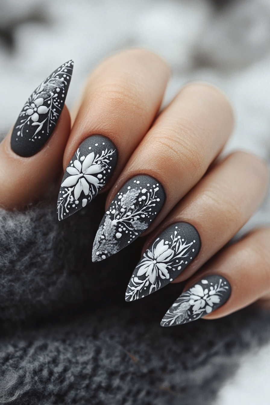 13. Ash Gray with Floral Stamping (Gray Nail Design Ideas) - Gray Nail Design Ideas