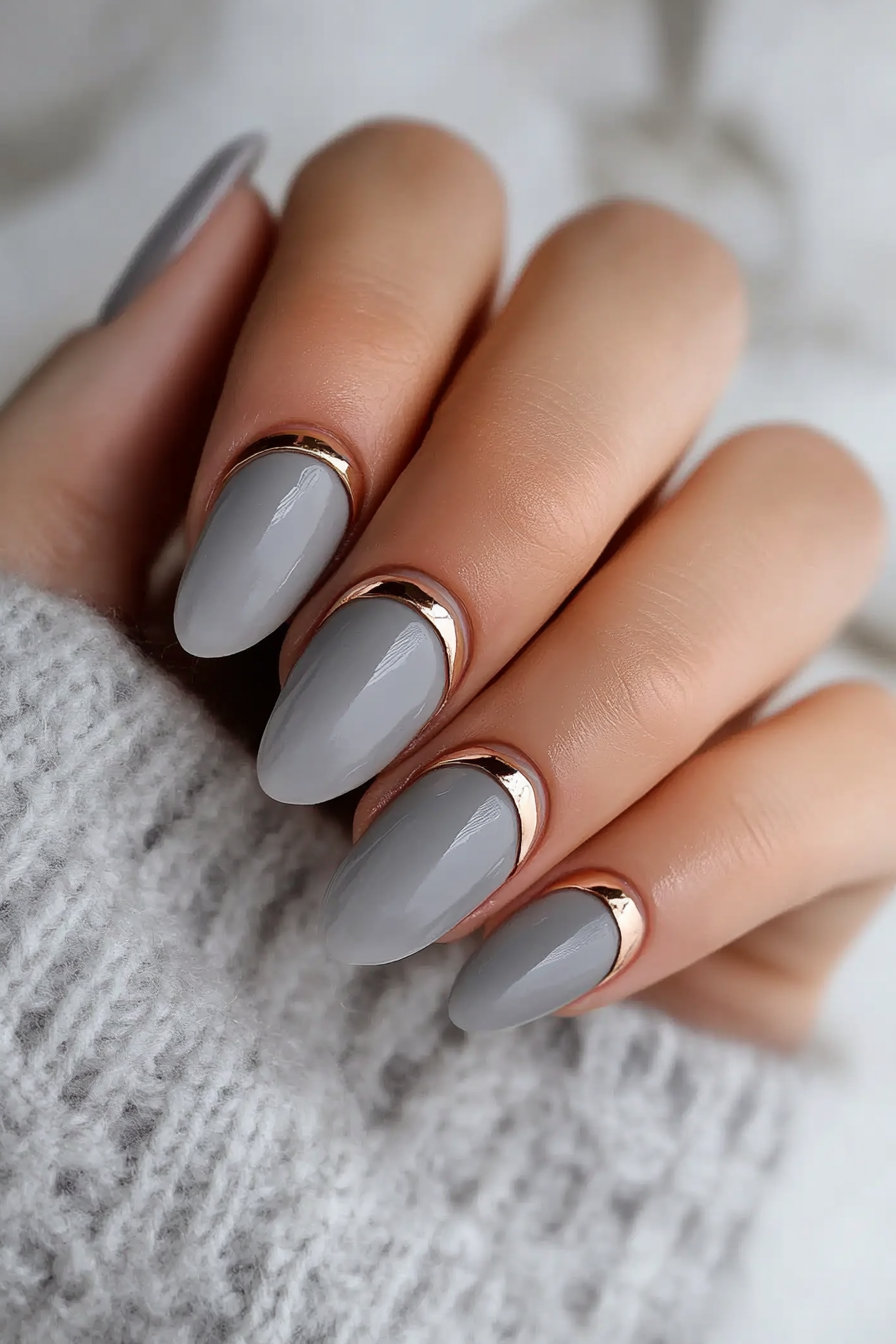 14. Gray and Rose Gold Half Moons (Gray Nail Design Ideas) - Gray Nail Design Ideas