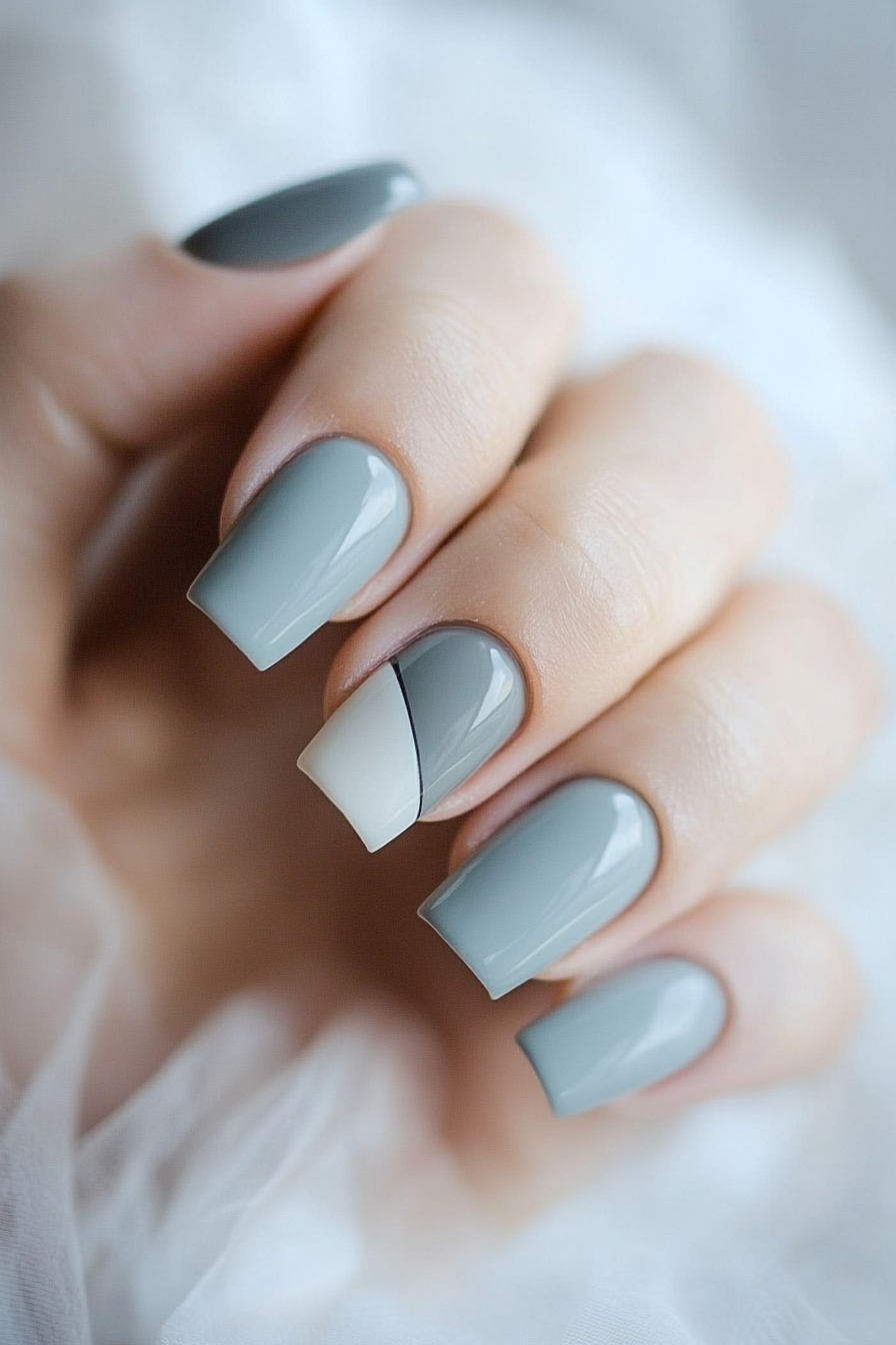 15. Pearl Gray and Sky Blue Split Design (Gray Nail Design Ideas) - Gray Nail Design Ideas