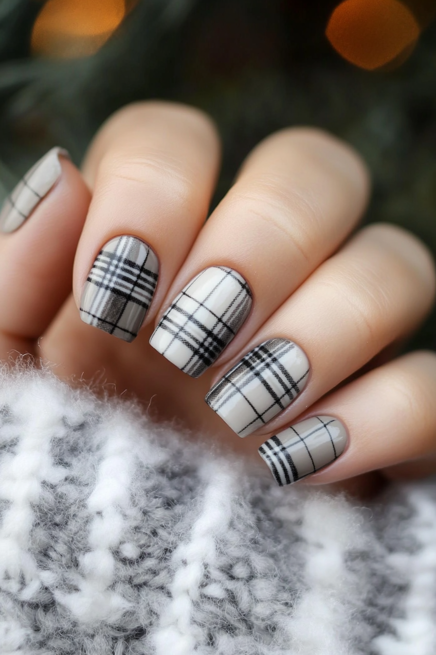 18. Gray Plaid Accent Nails (Gray Nail Design Ideas) - Gray Nail Design Ideas
