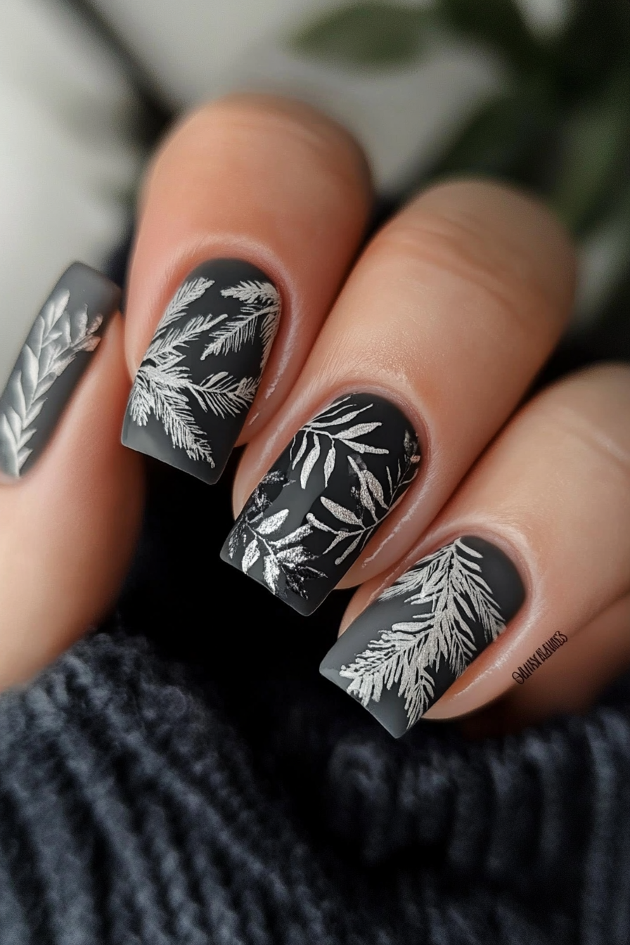 19. Charcoal with Glossy Leaf Art (Gray Nail Design Ideas) - Gray Nail Design Ideas