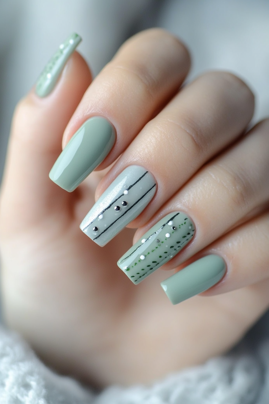 20. Gray and Pistachio Stripe Combo (Gray Nail Design Ideas) - Gray Nail Design Ideas