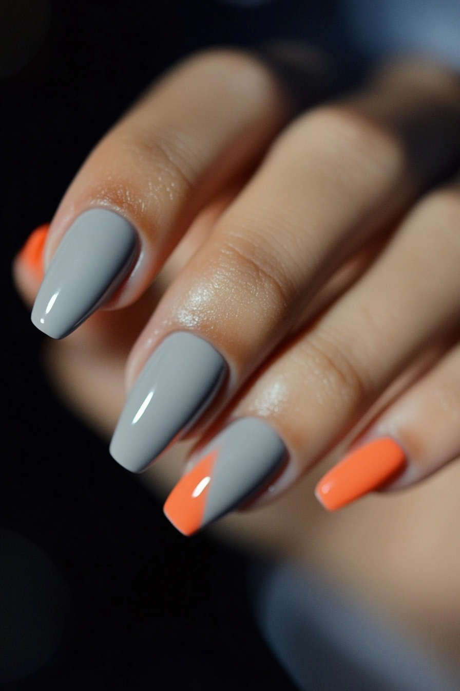 23. Cloud Gray and Coral Accent (Gray Nail Design Ideas) - Gray Nail Design Ideas