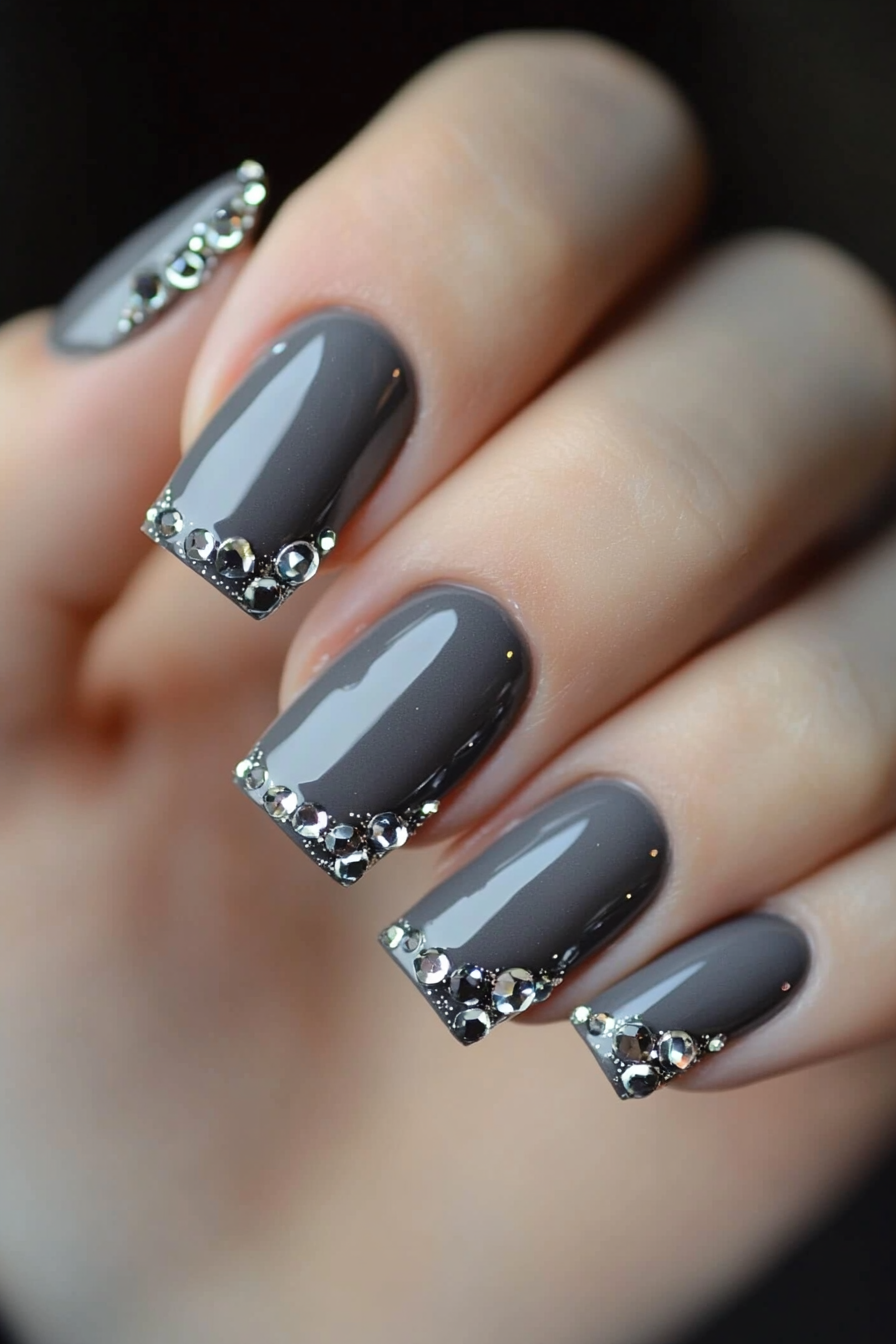 25. Gunmetal with Crystal Studs (Gray Nail Design Ideas) - Gray Nail Design Ideas