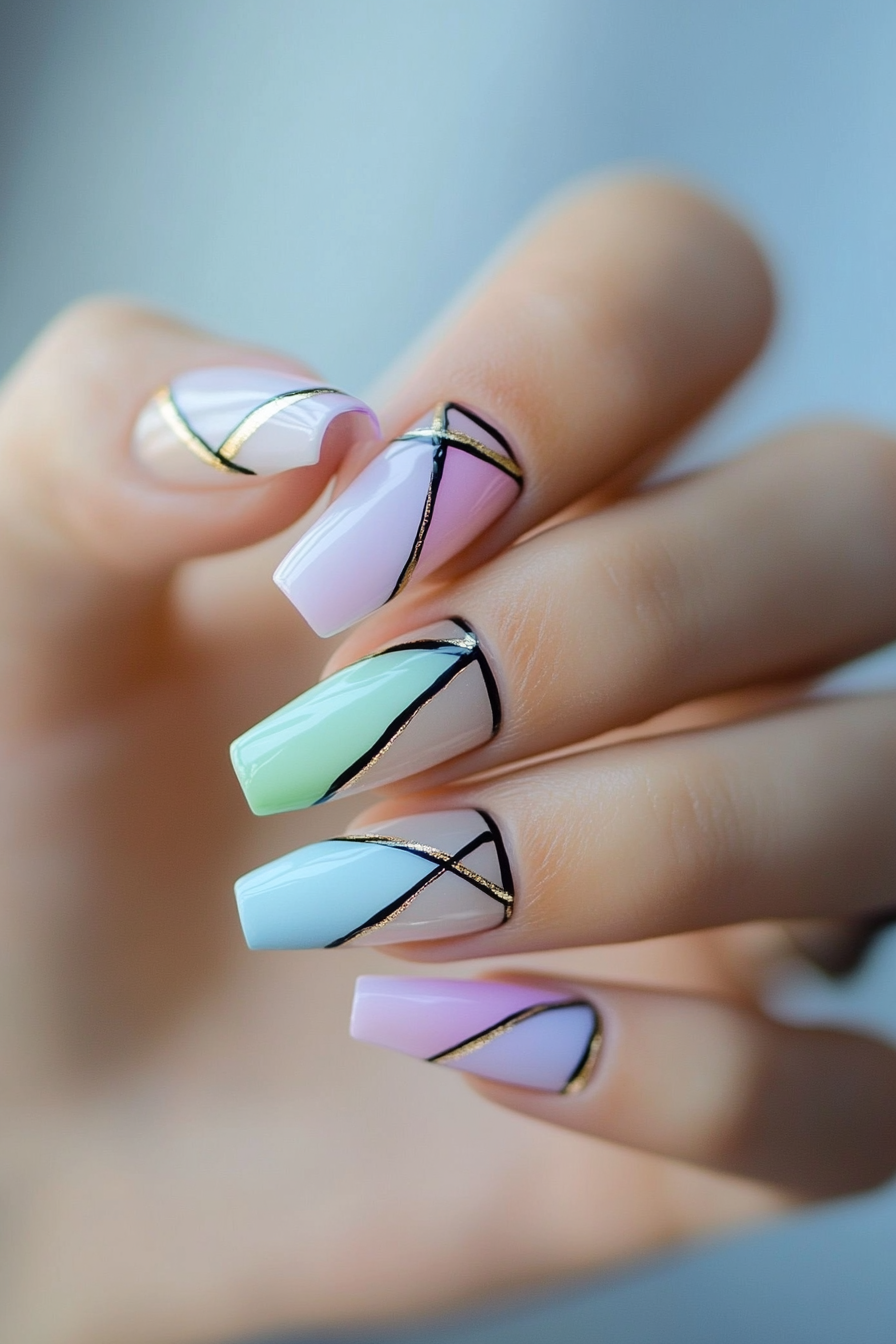 1. Pastel Stripe Geometry (Line Nail Design Ideas) - Line Nail Design Ideas