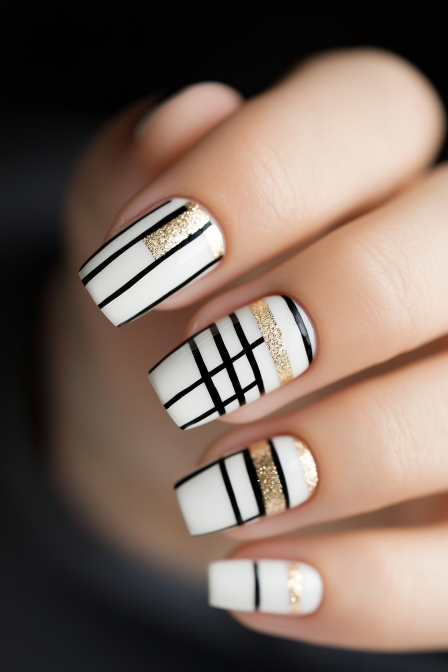 2. Black and Gold Minimal Lines (Line Nail Design Ideas) - Line Nail Design Ideas