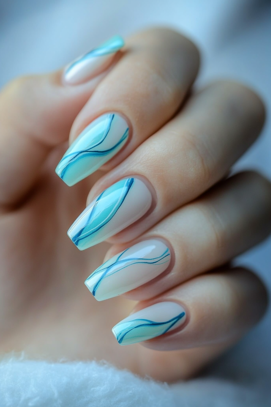3. Sky Blue Wave Lines (Line Nail Design Ideas) - Line Nail Design Ideas