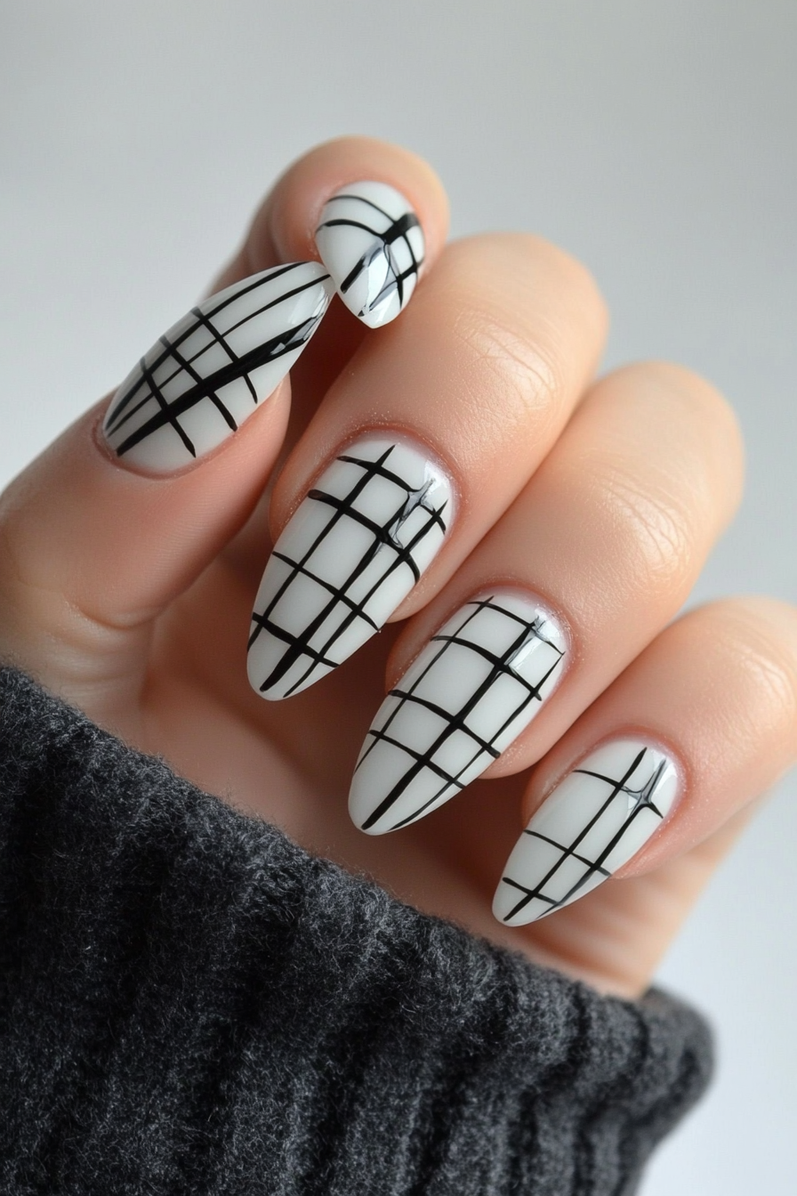 4. Monochrome Grid Detail (Line Nail Design Ideas) - Line Nail Design Ideas