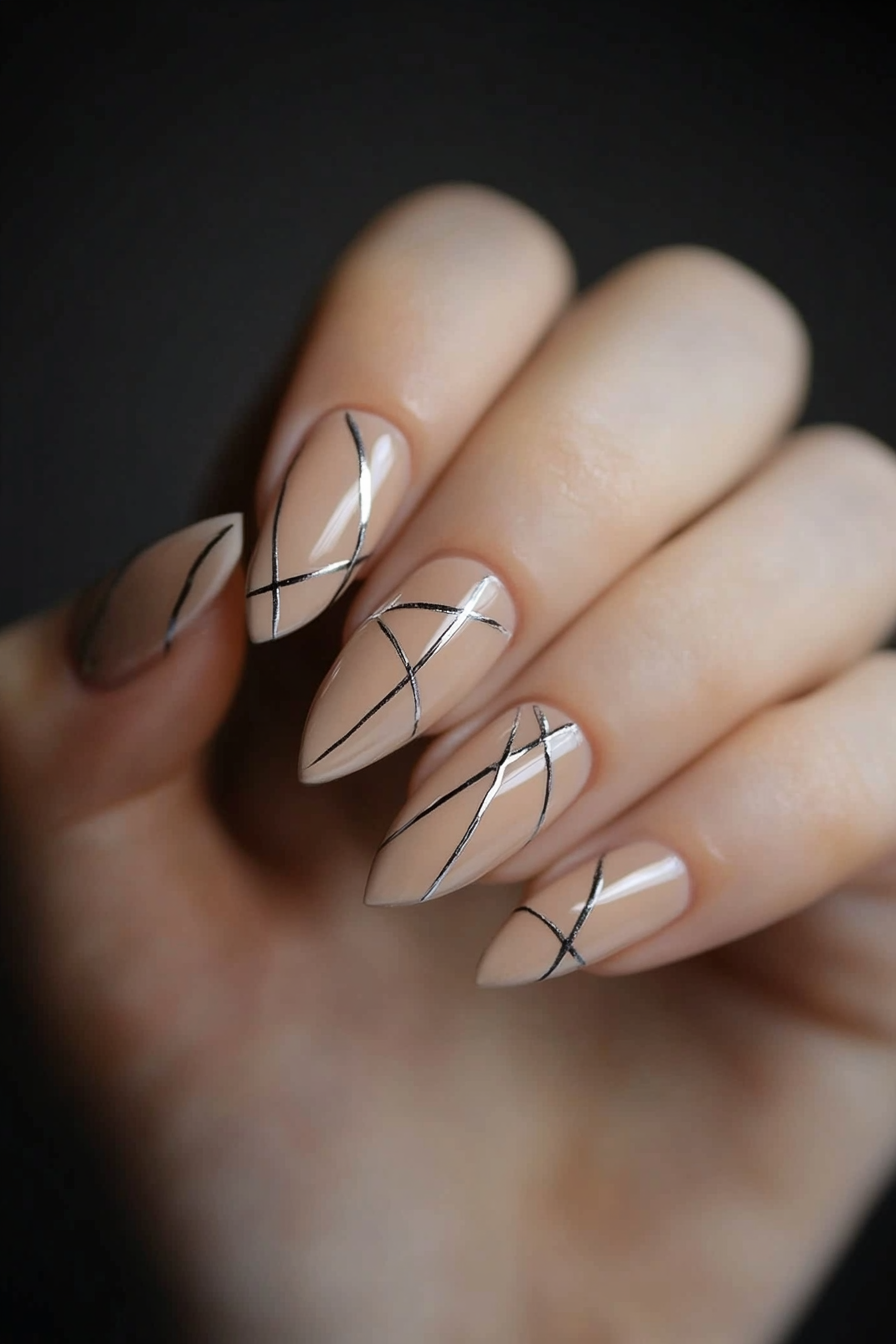 6. Chrome Accent Line Art (Line Nail Design Ideas) - Line Nail Design Ideas