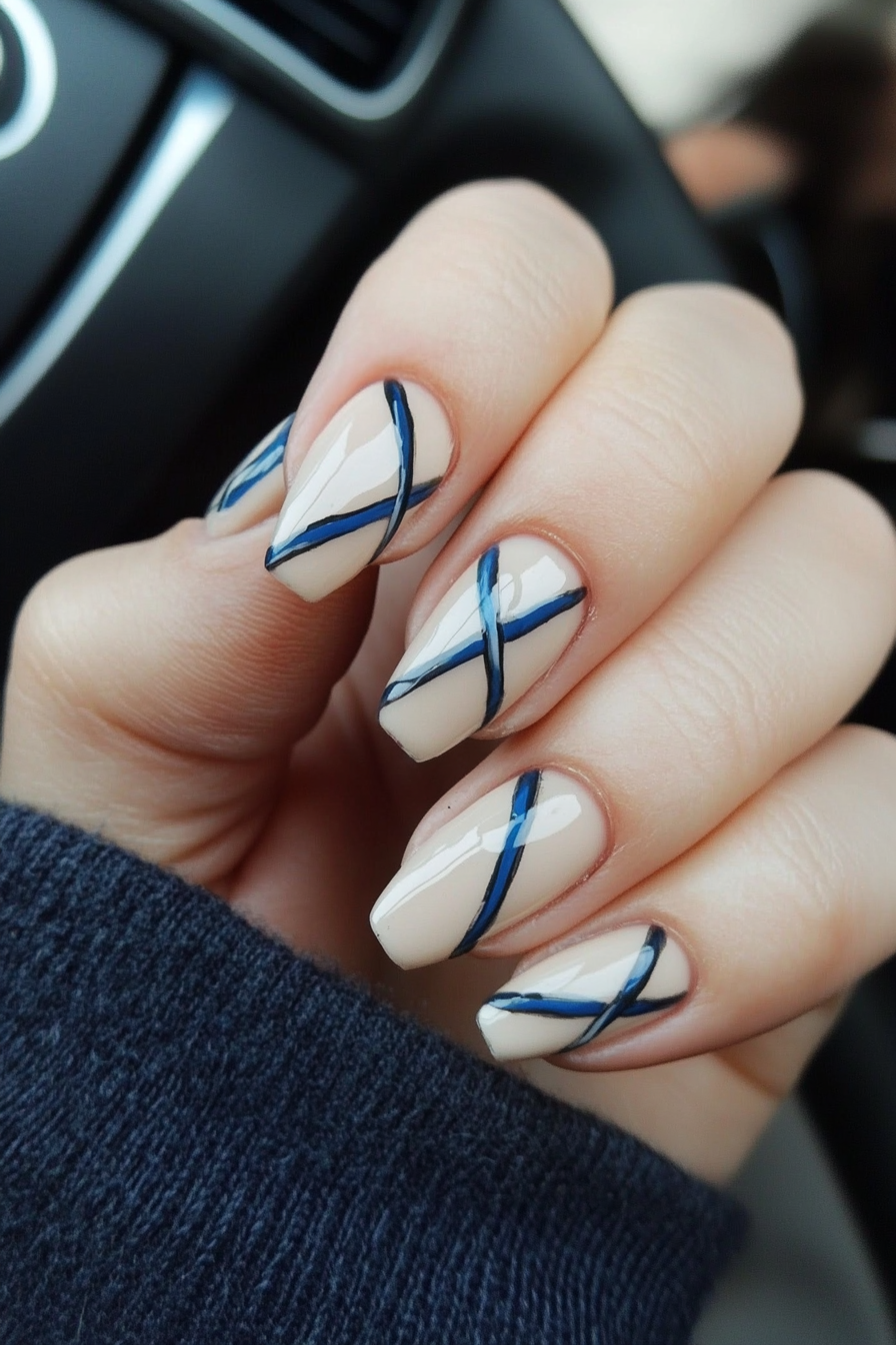 11. Electric Blue Split Design (Line Nail Design Ideas) - Line Nail Design Ideas