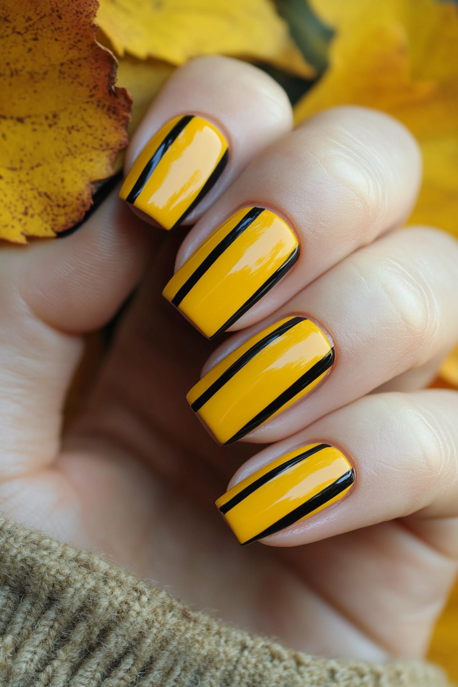 14. Mustard Yellow Vertical Lines (Line Nail Design Ideas) - Line Nail Design Ideas