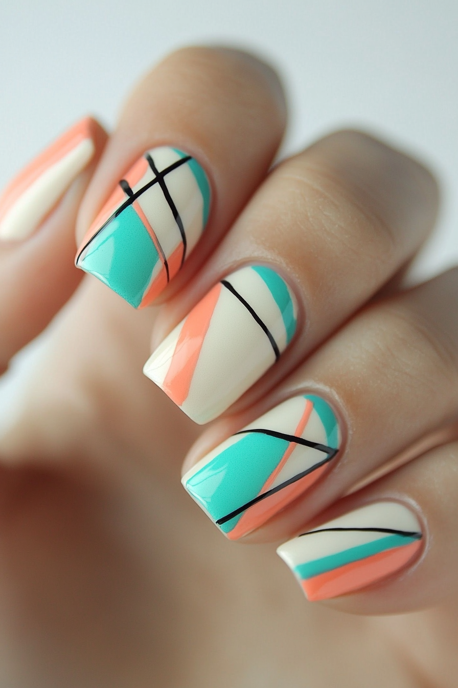 16. Teal and Coral Cross Lines (Line Nail Design Ideas) - Line Nail Design Ideas