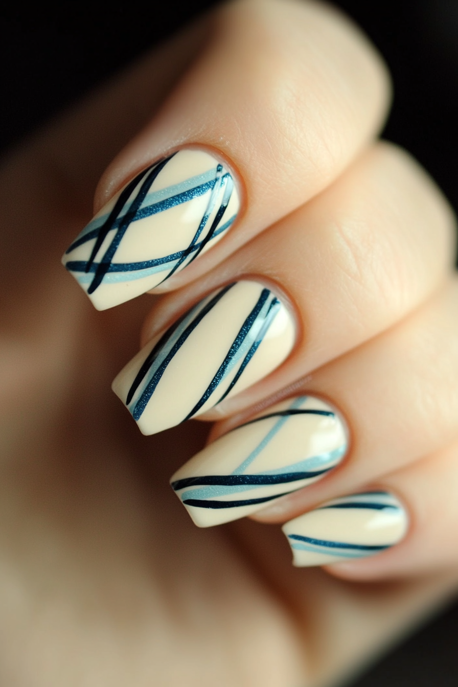 19. Soft Blue Asymmetrical Stripes (Line Nail Design Ideas) - Line Nail Design Ideas