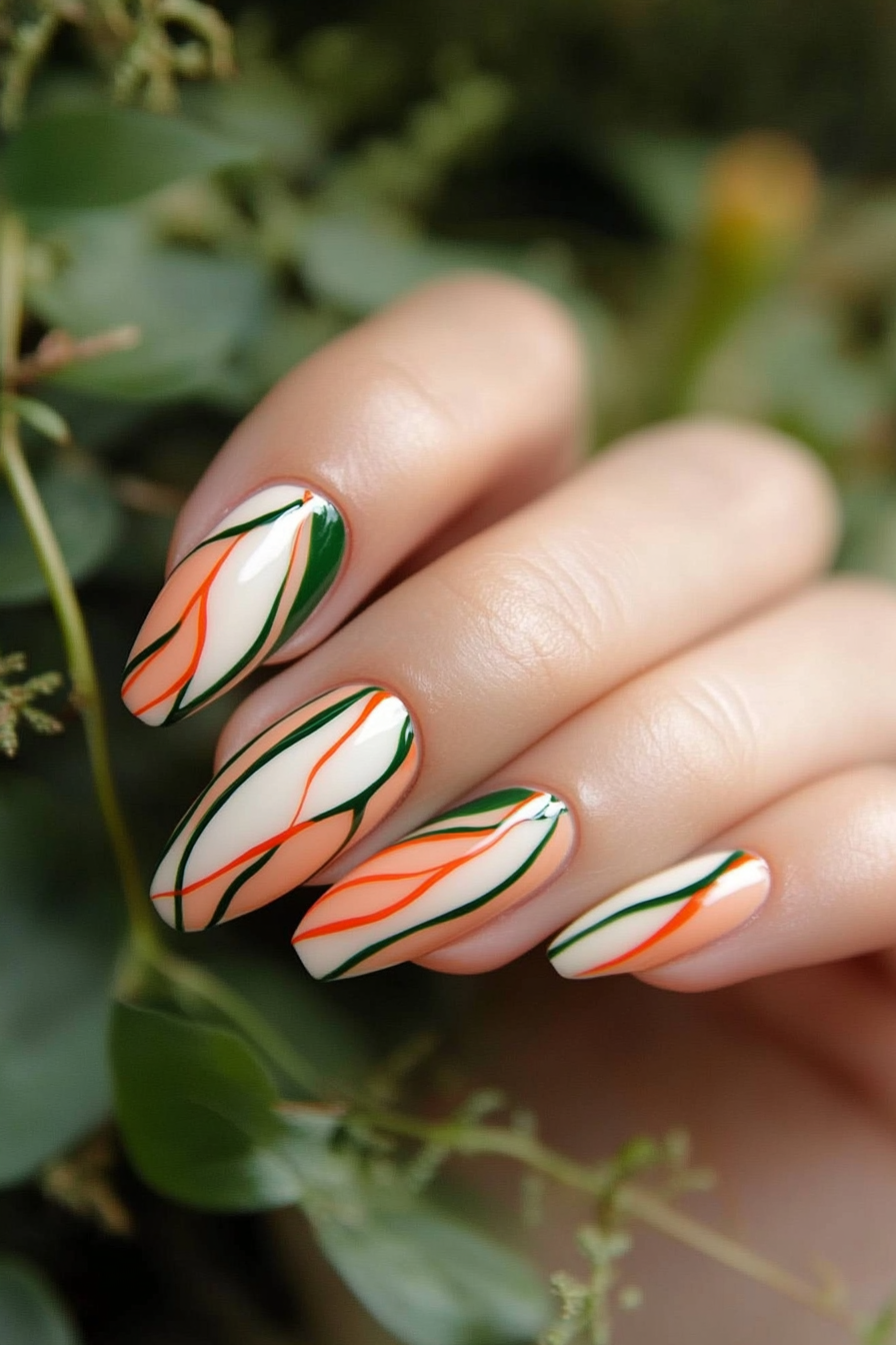 21. Peach and Olive Duo Lines (Line Nail Design Ideas) - Line Nail Design Ideas