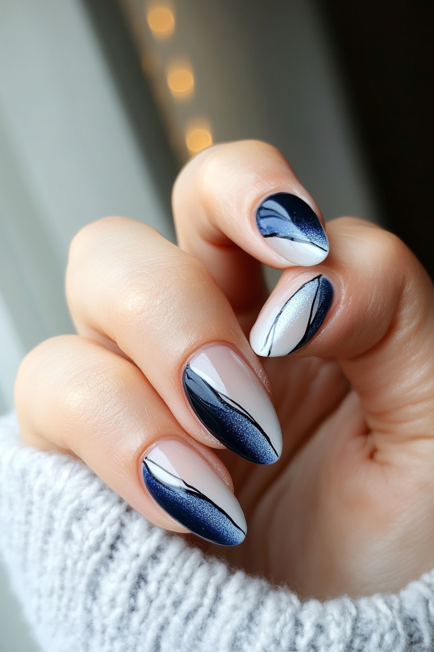 24. Denim Blue Line Frame (Line Nail Design Ideas) - Line Nail Design Ideas