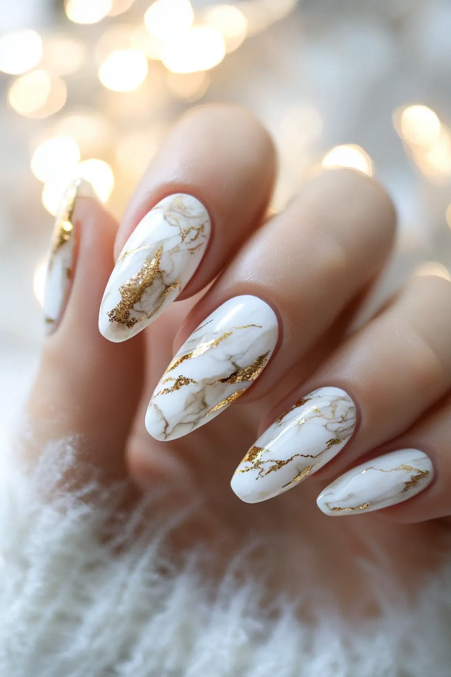 10. Light Beige & Gold Veining (Marble Nail Design Ideas) - Marble Nail Design Ideas