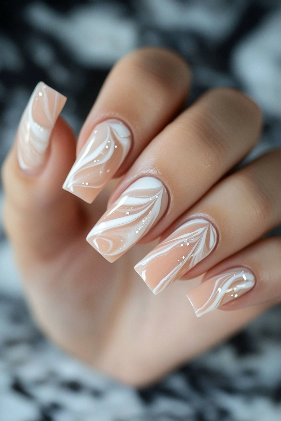 19. Soft Peach Swirl (Marble Nail Design Ideas) - Marble Nail Design Ideas
