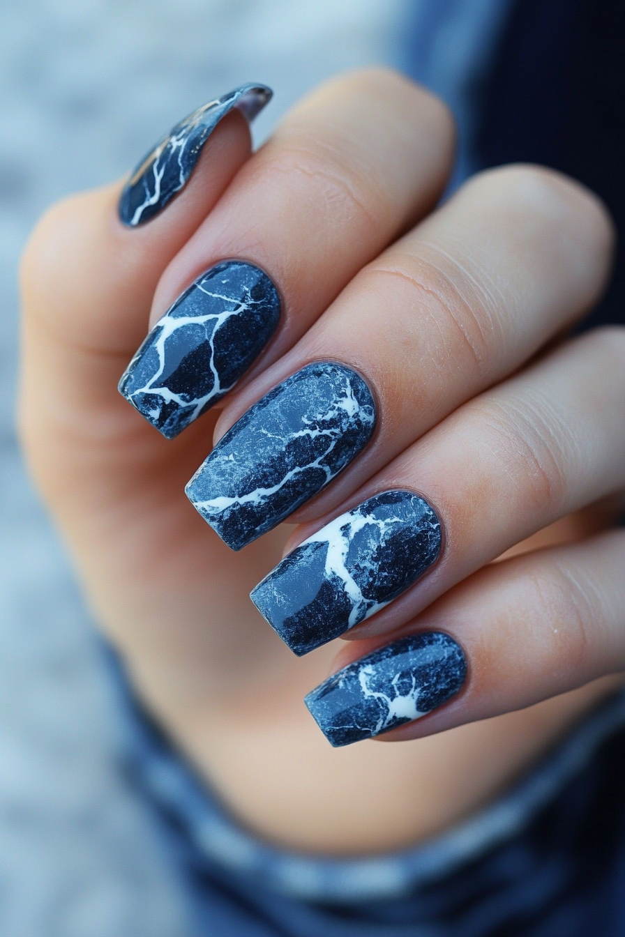 26. Denim Blue Marble (Marble Nail Design Ideas) - Marble Nail Design Ideas