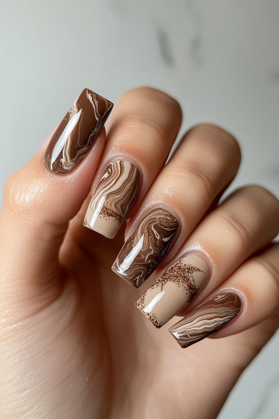 27. Mocha Marble Swirl (Marble Nail Design Ideas) - Marble Nail Design Ideas