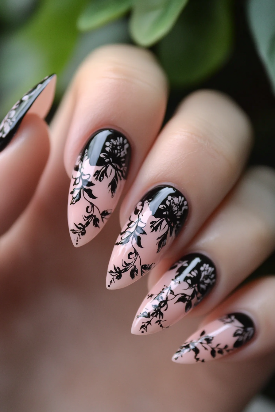 4. Floral Accents (Pink And Black Nail Design Ideas) - Pink And Black Nail Design Ideas
