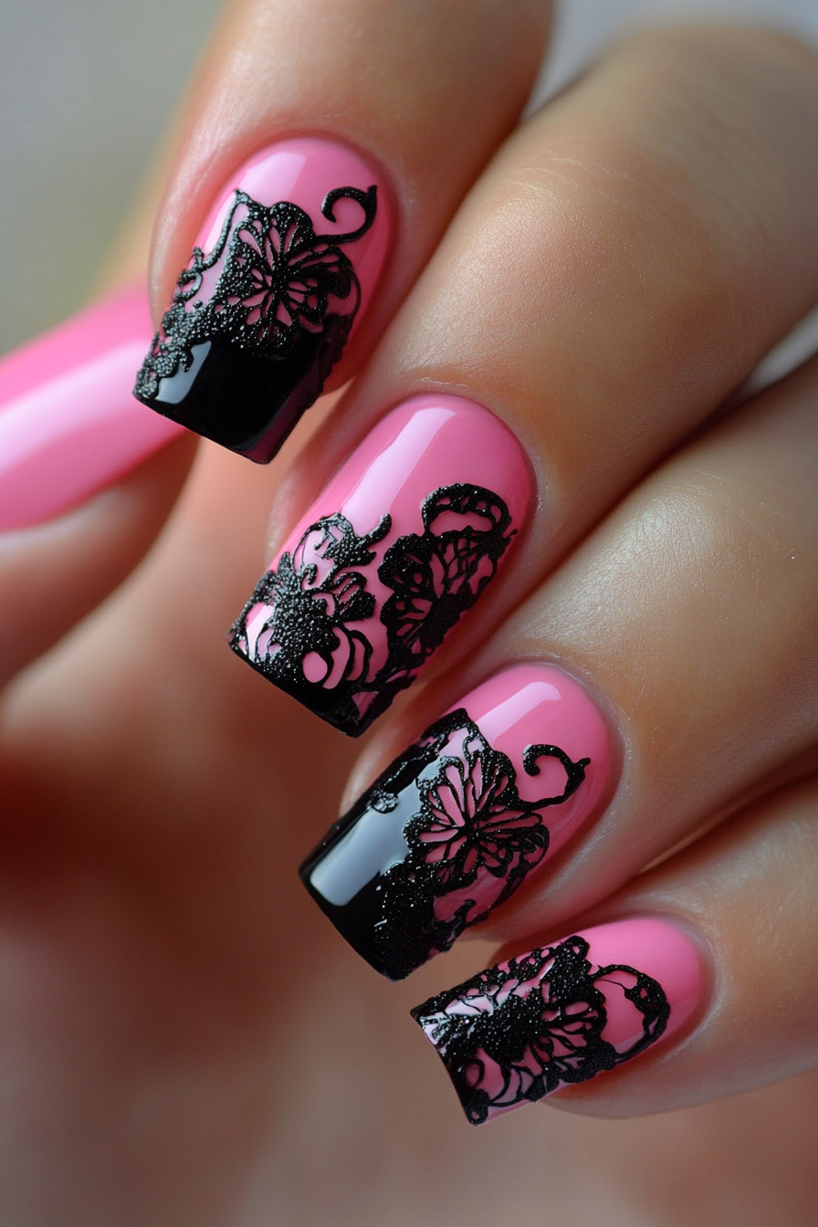 7. Lace Inspired Design (Pink And Black Nail Design Ideas) - Pink And Black Nail Design Ideas